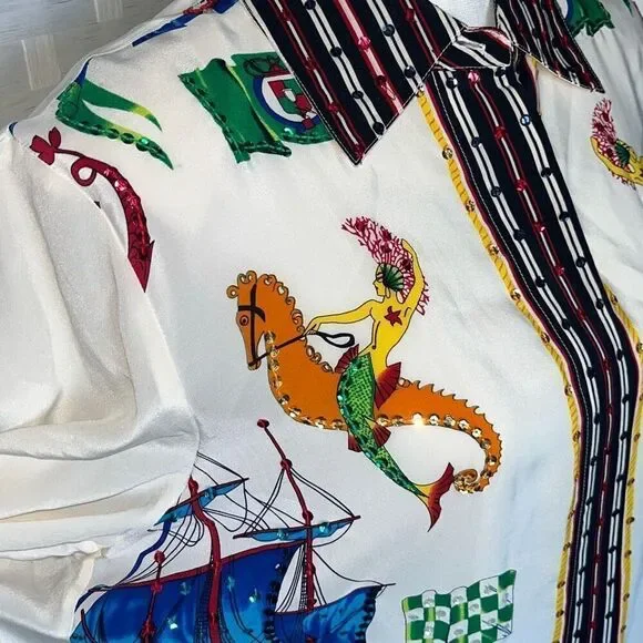 Amazing Diane Gilman Vintage 100% Silk Mermaid Nautical Sun Sequins Buttoned Blo - Picture 4 of 16